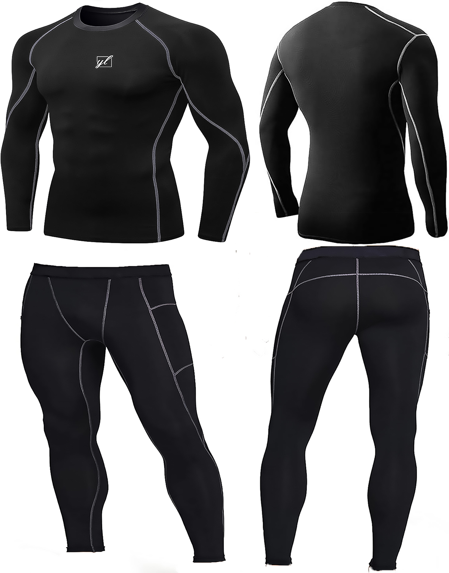 Men's Compression Tights -Combo: Top and Bottom with silver Stiches 