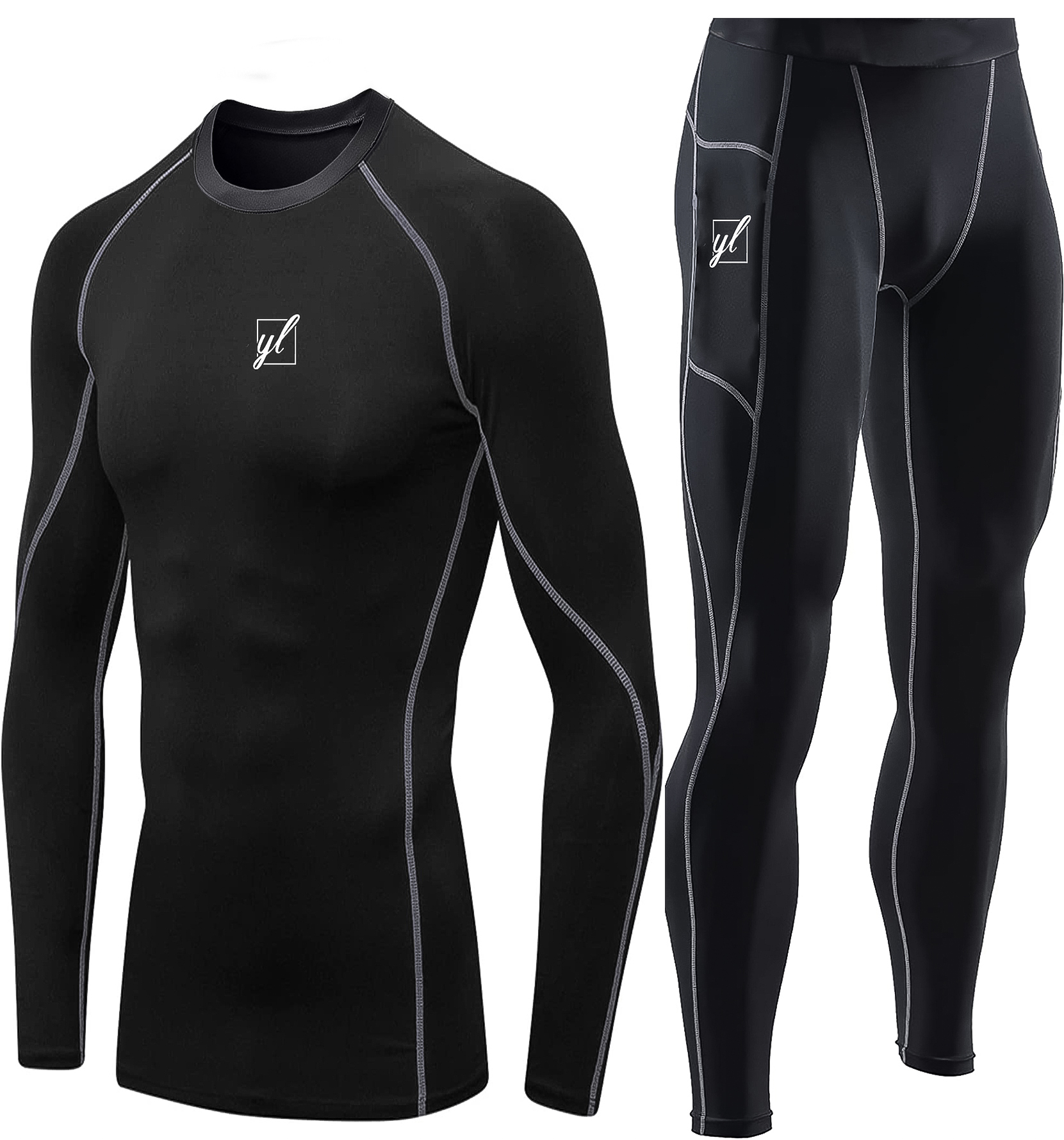 Men's Compression Tights -Combo: Top and Bottom with silver Stiches 